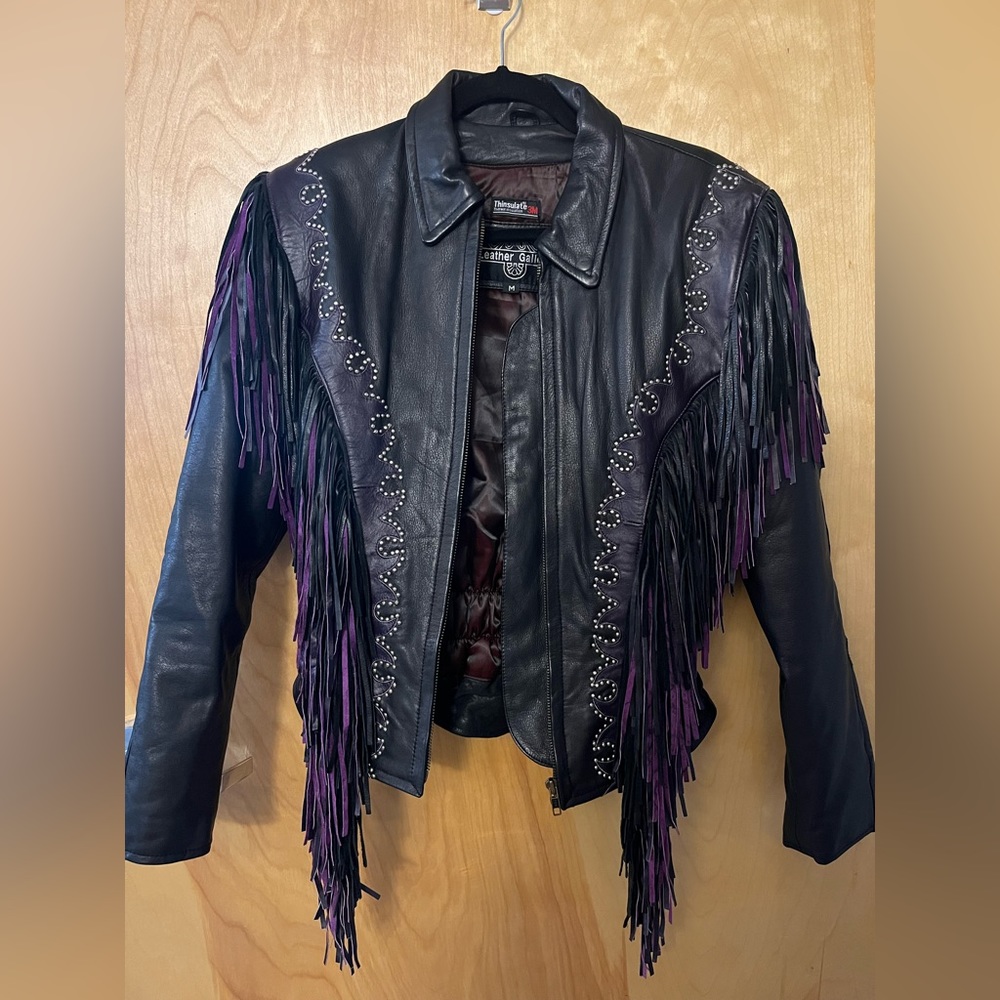 Black and purple fringe leather jacket
